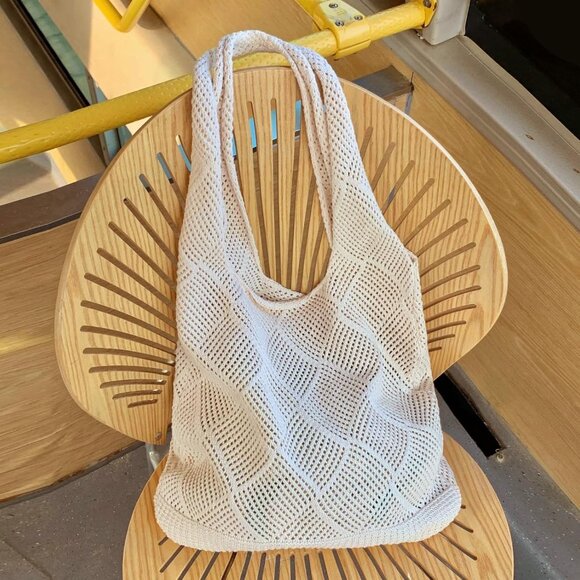 Women's Beige 4 Crochet Bag Cute Mesh Summer Knitted Shoulder Beach Tote Bag - Picture 5 of 7